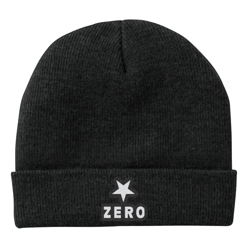 Black beanie with a white star and 'ZERO' logo on a white background