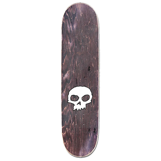 Skateboard deck with a white skull design on a dark wood pattern background