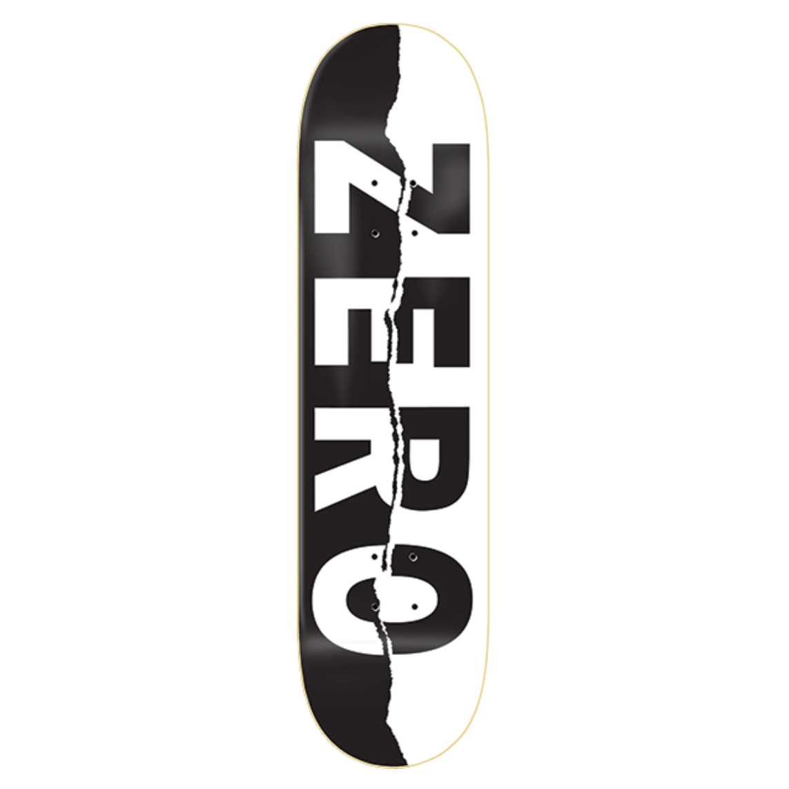 Zero skateboard deck with black and white design on a white background