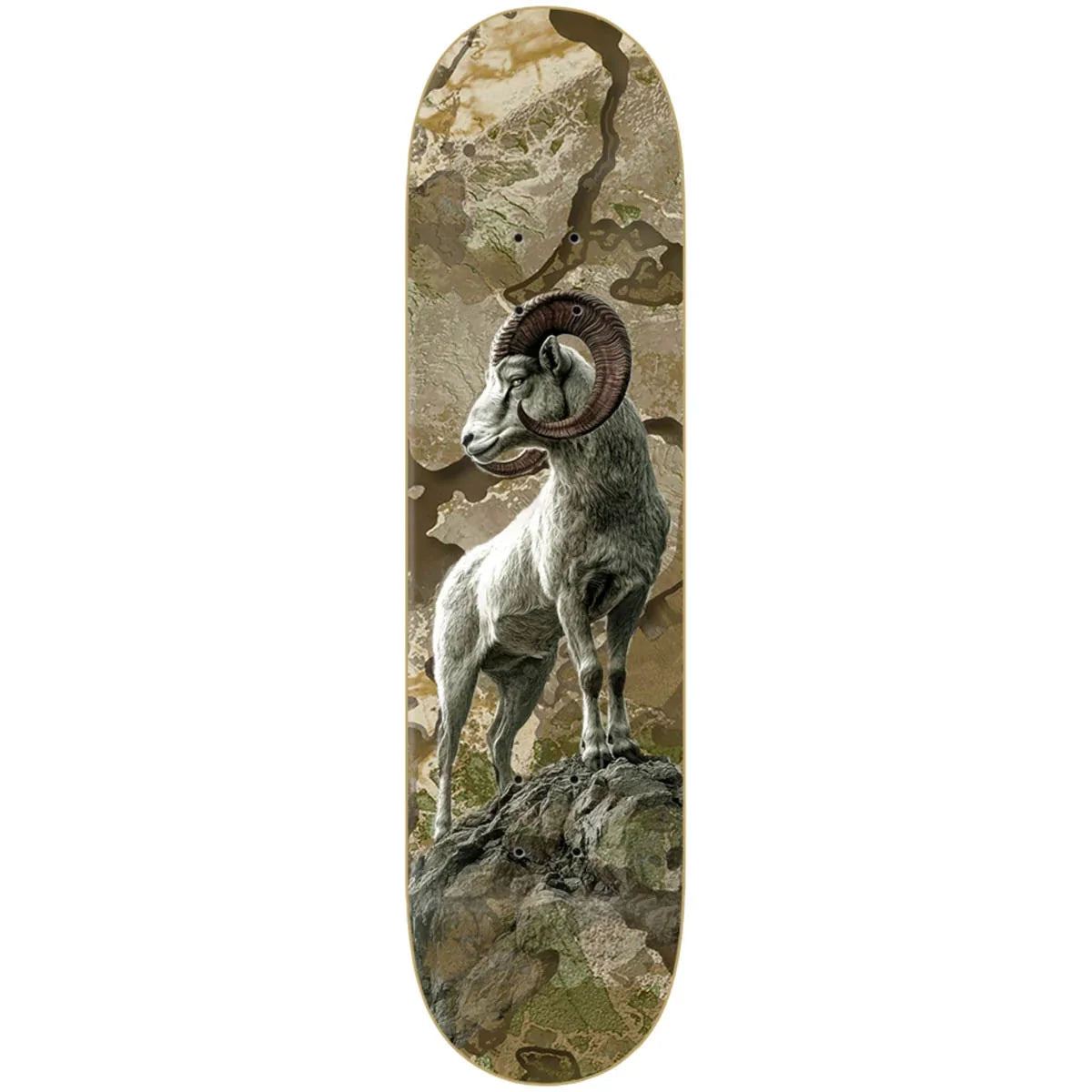 A skateboard deck featuring a detailed graphic of a white ram with large curved brown horns standing on a rocky outcrop, set against a textured beige and brown background.