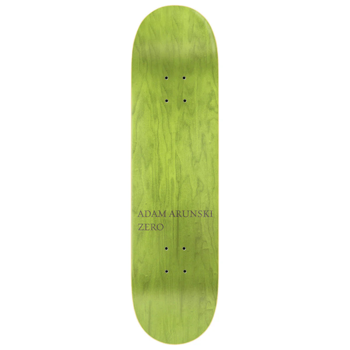 Green skateboard deck with 'Adam Arunski Zero' branding on a white background