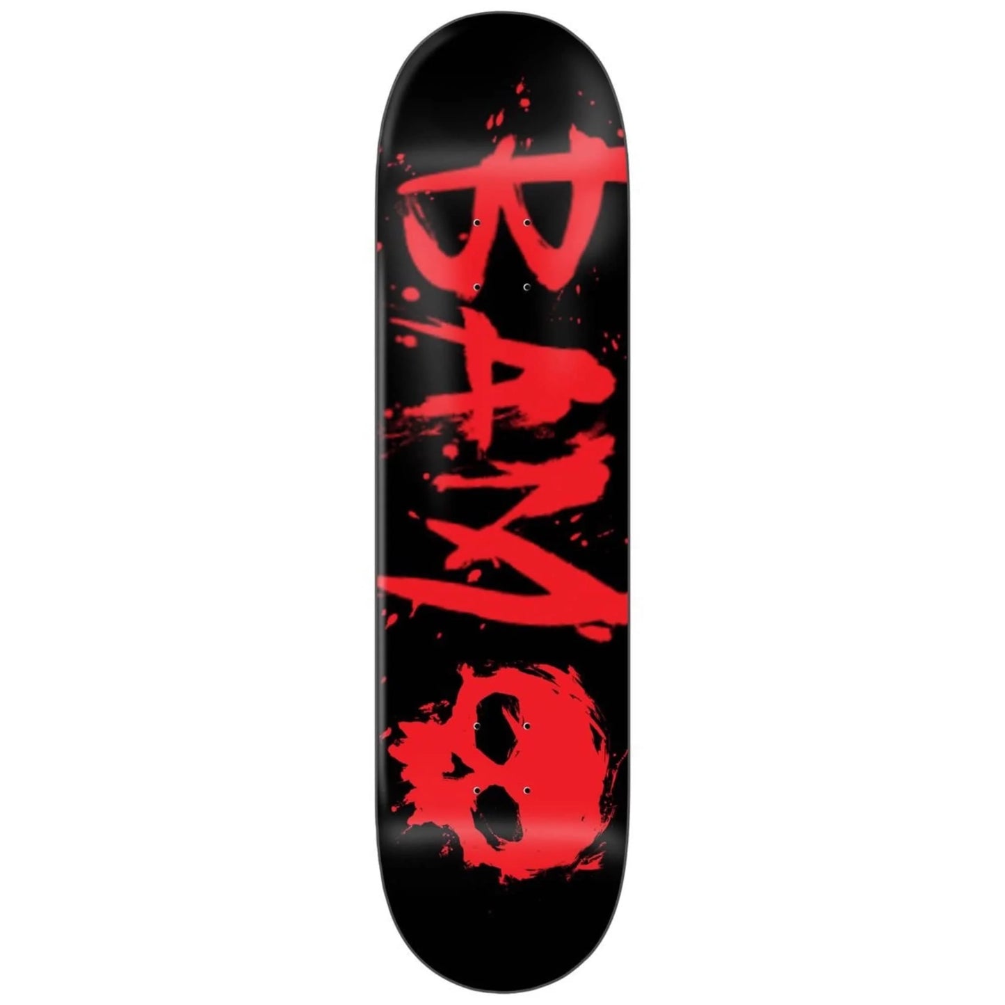 Skateboard deck with red 'BAM' logo on a black background