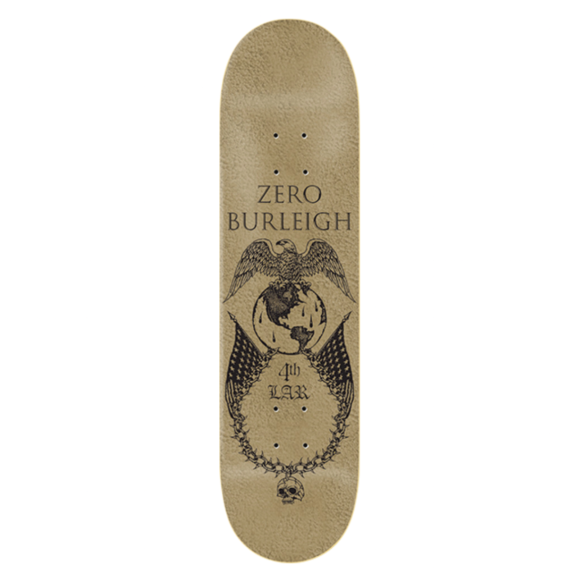 Skateboard deck with 'Zero Burleigh' branding on a white background
