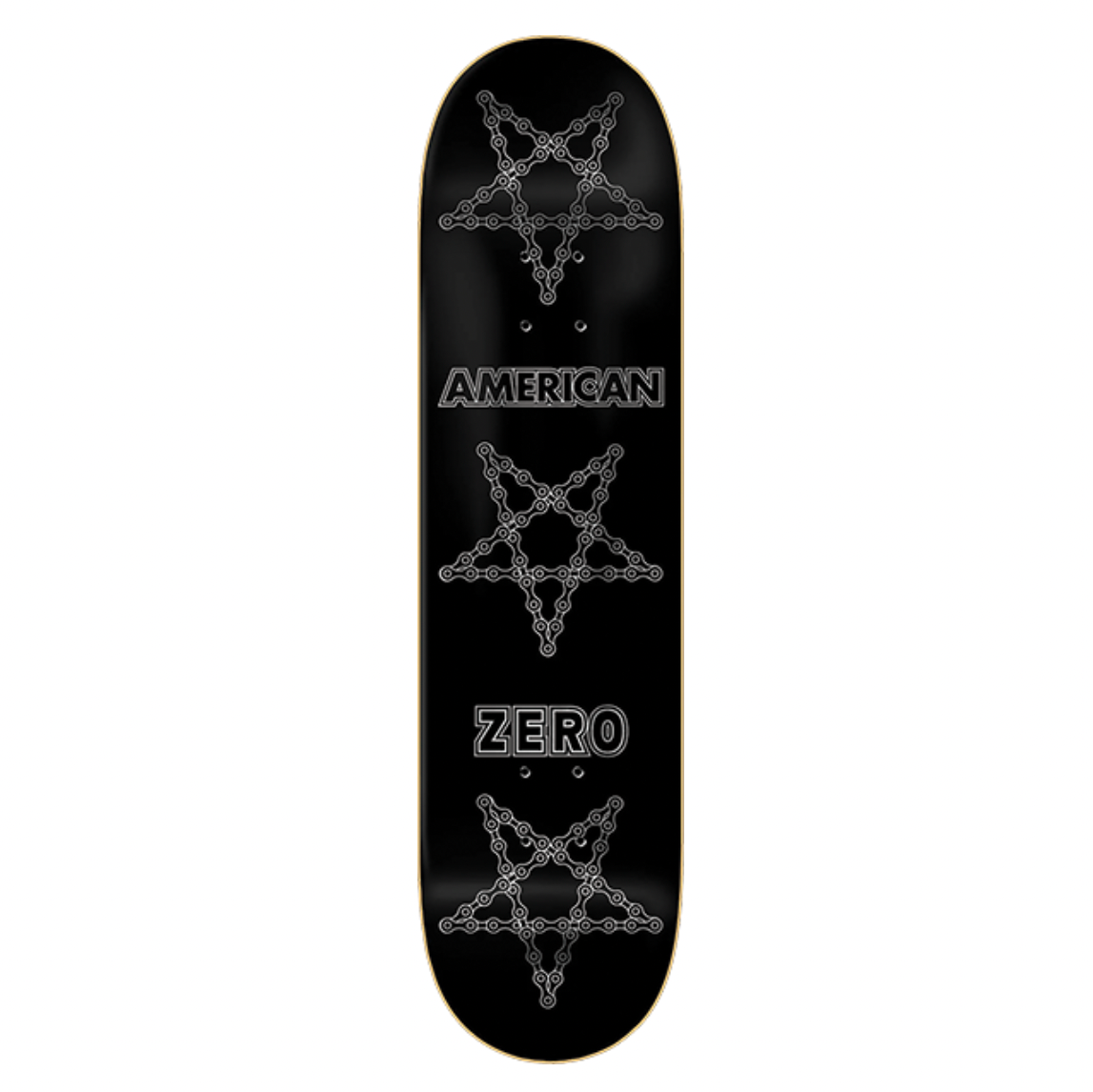 Black skateboard deck with gray pentagram designs and 'American Zero' text on a white background