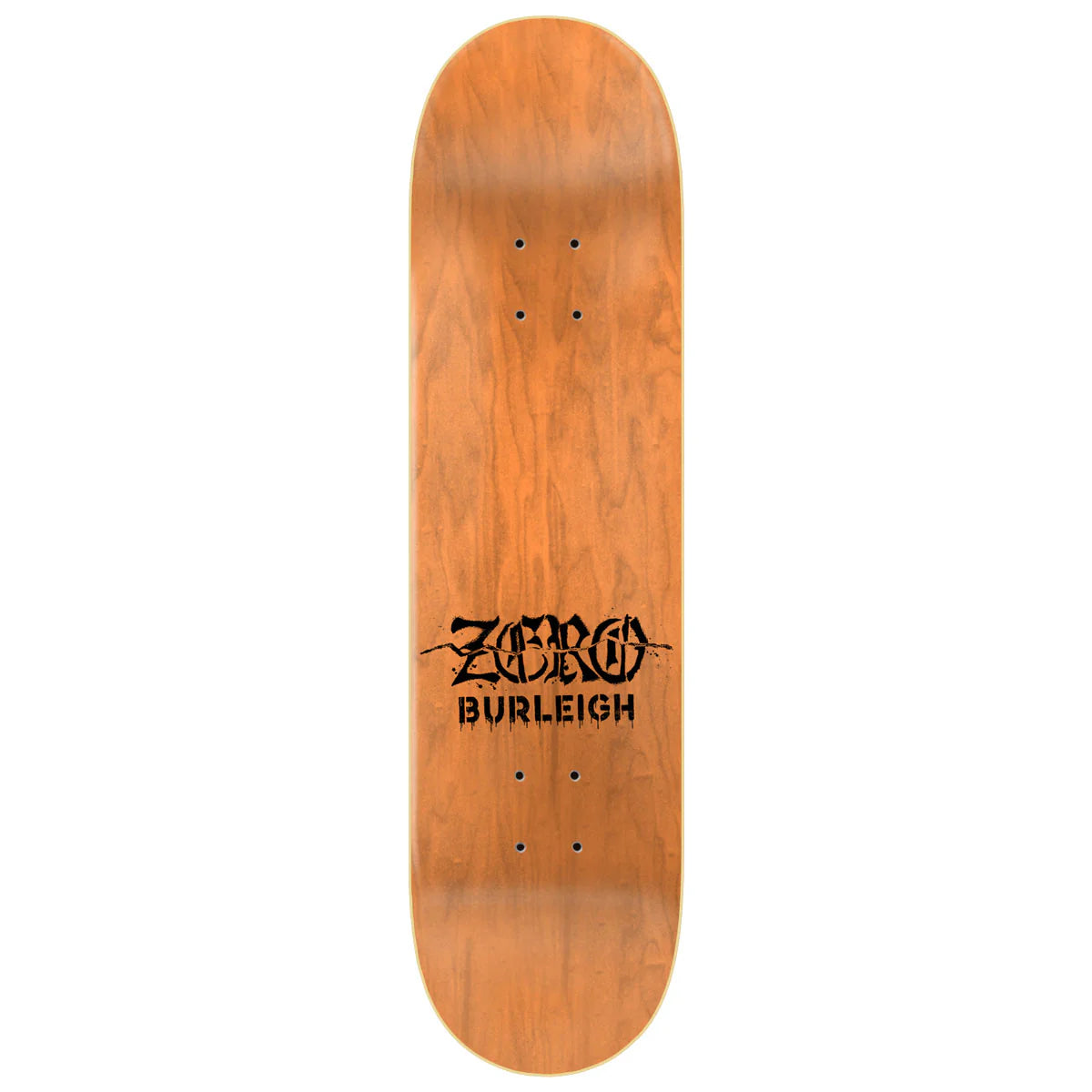 Wooden skateboard deck with 'Zero Burleigh' branding on a white background