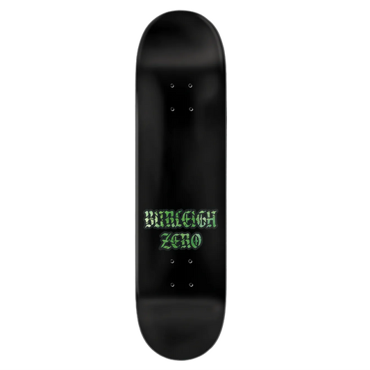 Black skateboard deck with green text on a black background