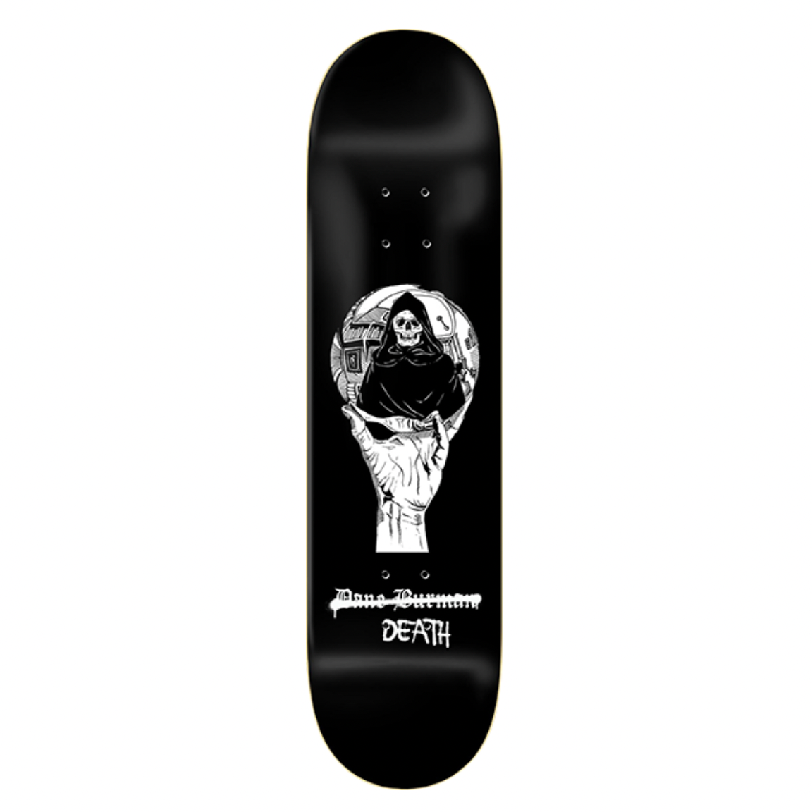 Skateboard deck with a graphic design on a white background