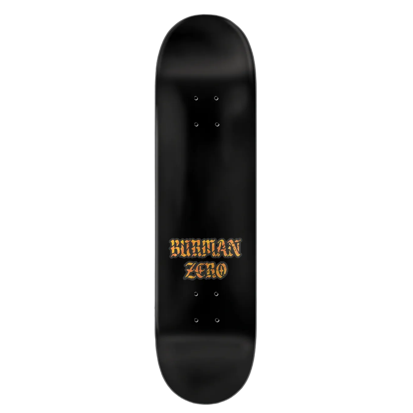 Black skateboard deck with 'Human Zero' text on a black background