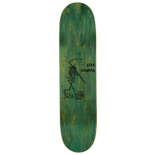Green skateboard deck with black graphics and text on a white background