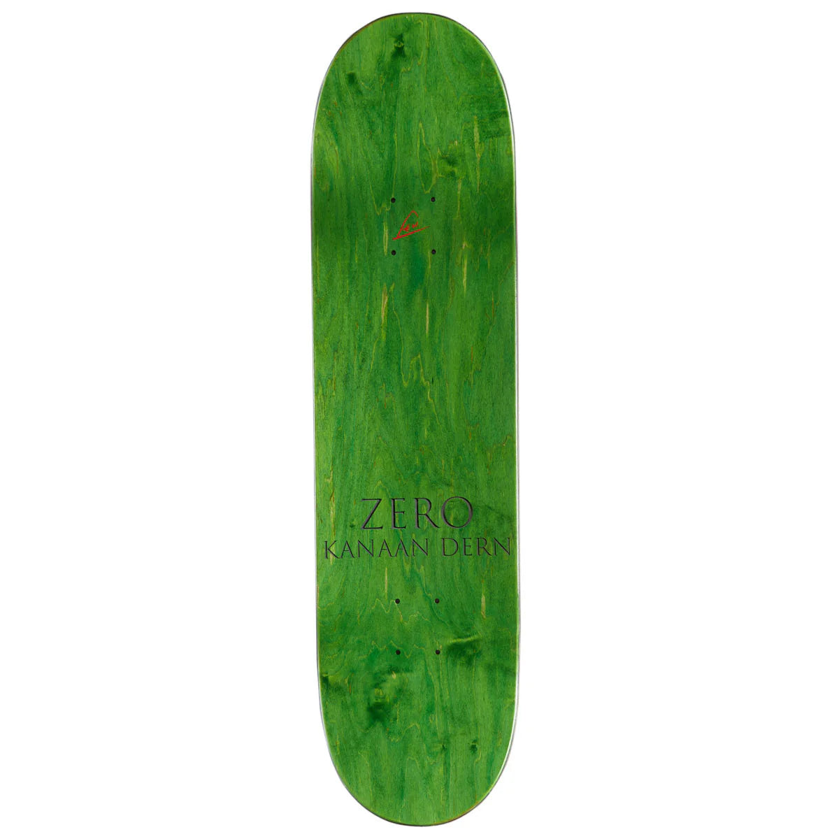 Green skateboard deck with 'Zero' branding on a white background
