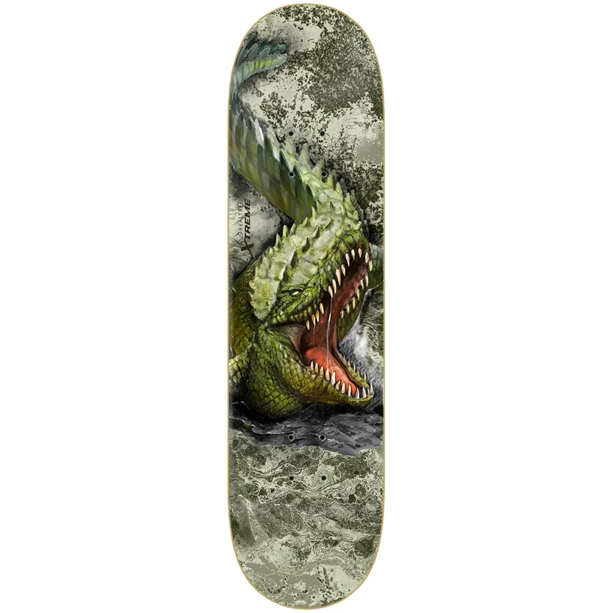A skateboard deck featuring a detailed graphic illustration of a green alligator or crocodile with its mouth wide open, revealing sharp teeth and a red interior, set against a textured gray and green background.