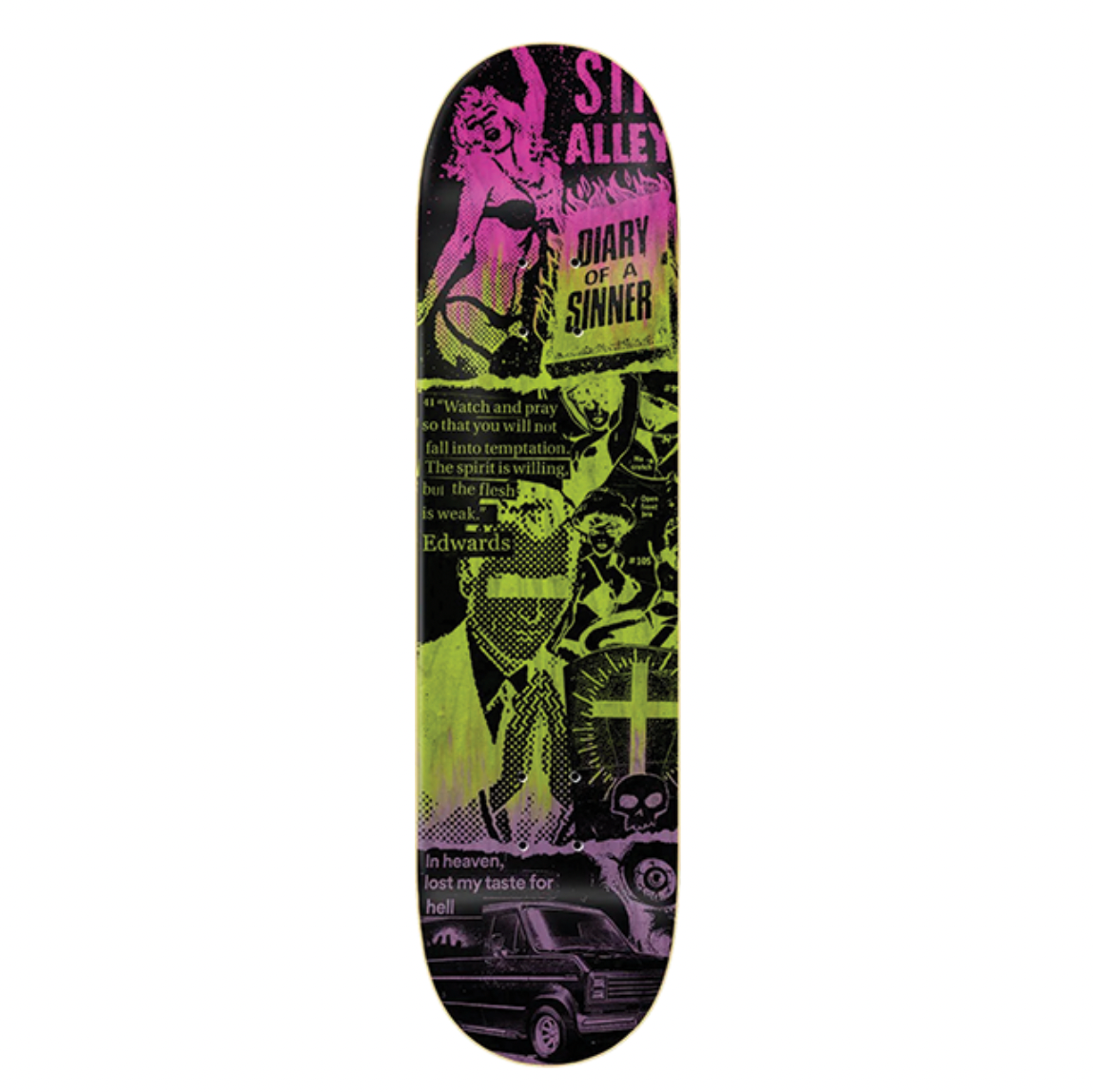 Skateboard deck with graphic design on a white background