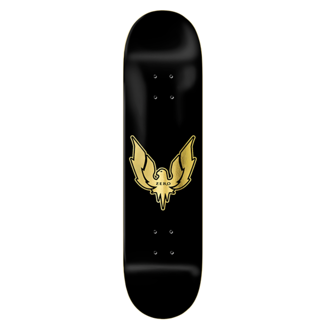 Black skateboard deck with a gold logo on a white background