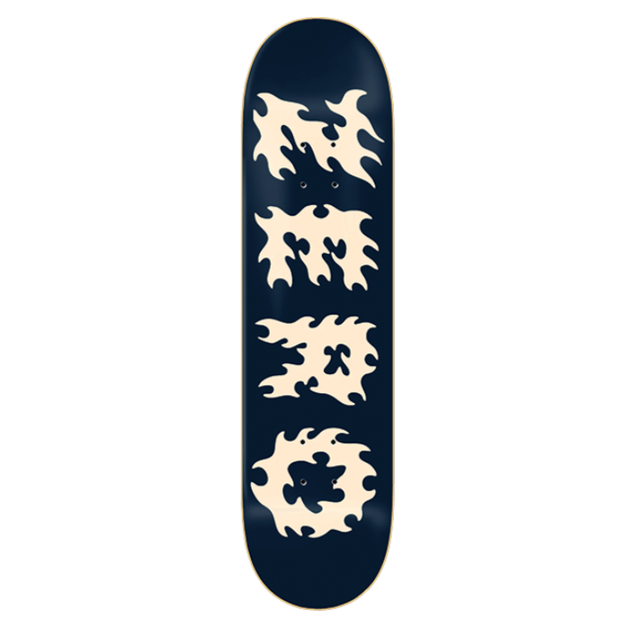 Skateboard deck with white abstract designs on a navy background