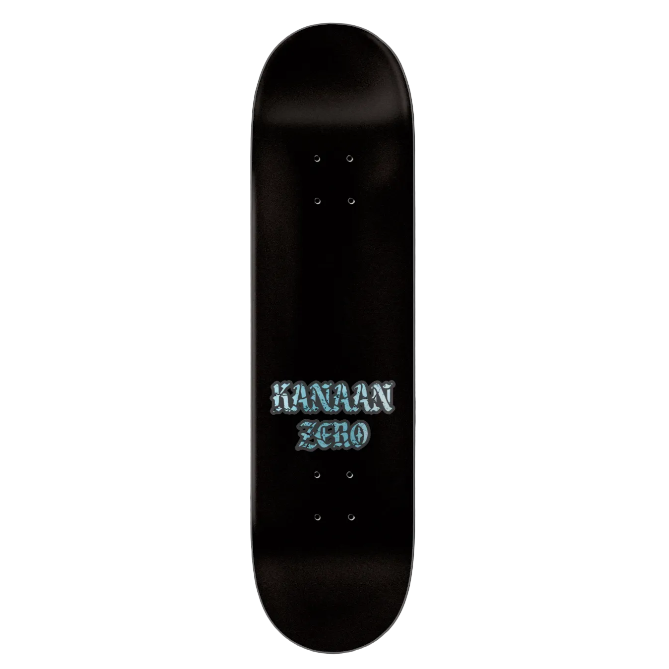 Black skateboard deck with 'Kanaan Zero' branding on a black background