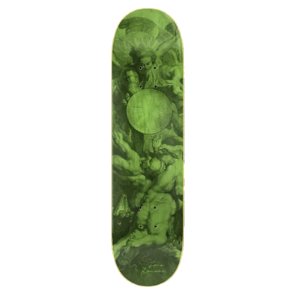 Skateboard deck with a green and black artistic design of cherubs and a celestial body.
