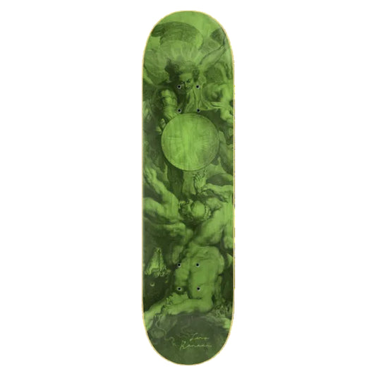 Skateboard deck with a green and black artistic design of cherubs and a celestial body.