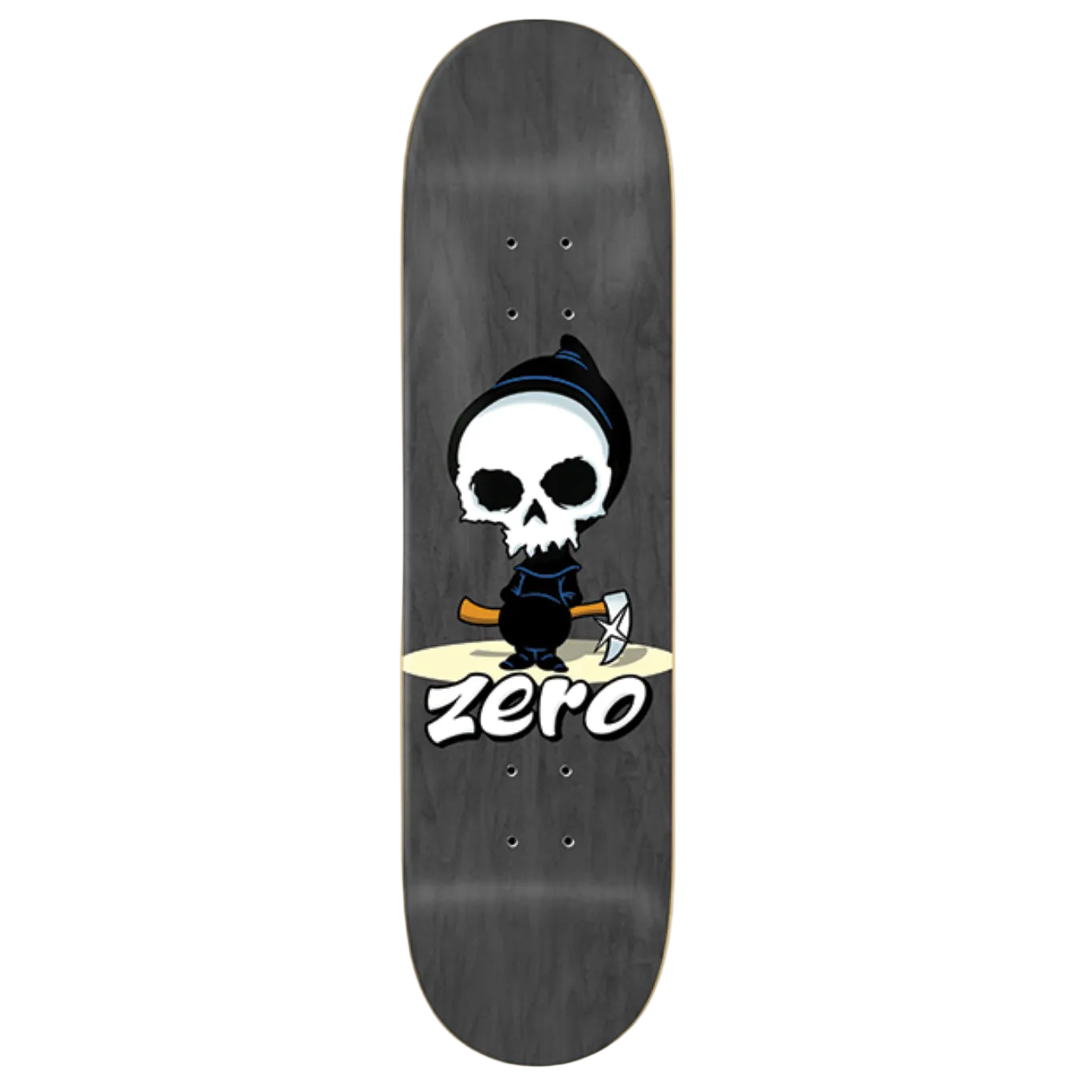 Skateboard deck with a skull design and 'Zero' branding on a white background