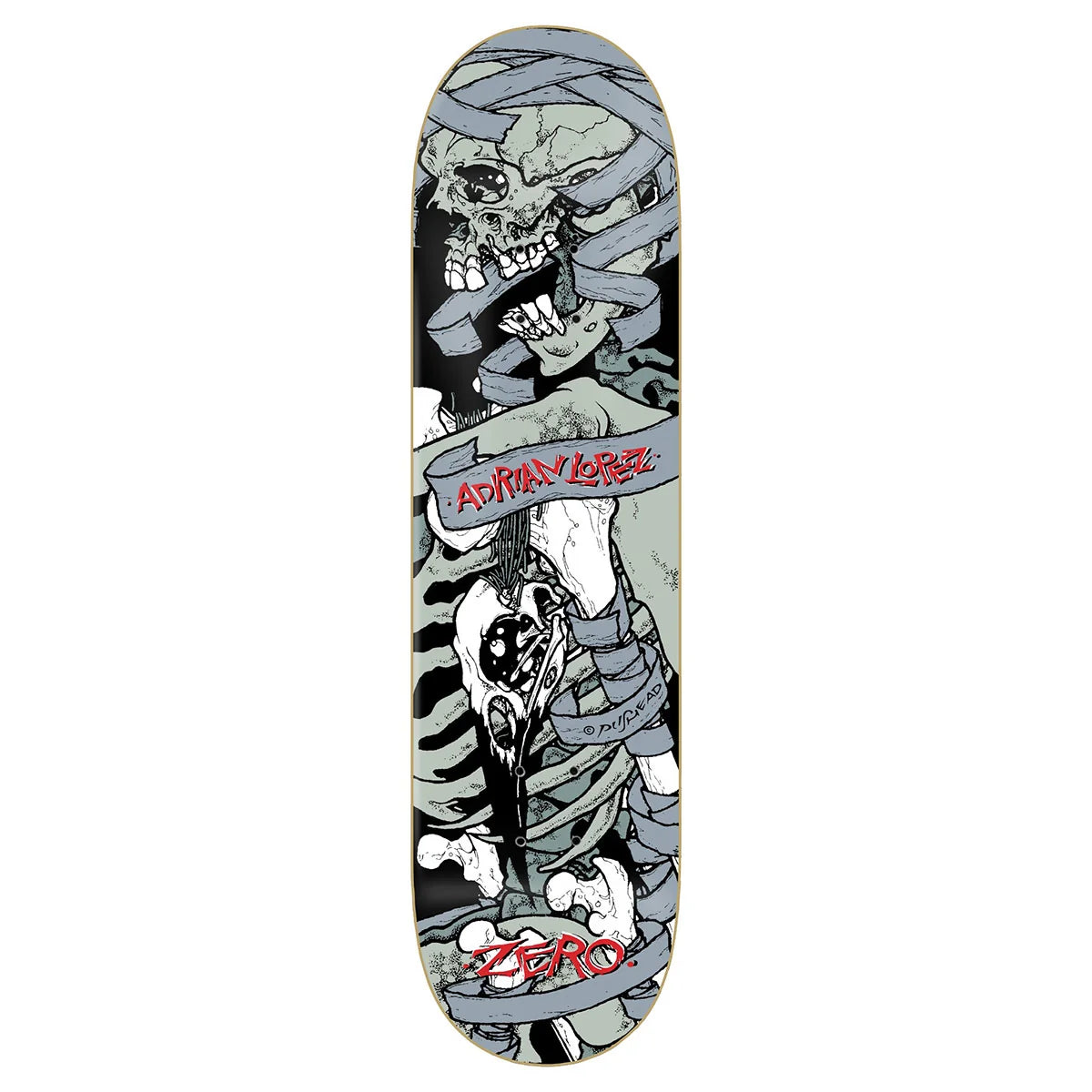 A skateboard deck featuring a detailed graphic illustration of a mummy wrapped in bandages, with the words 'Adrian Lopez' and 'ZERO' in red stylized text.