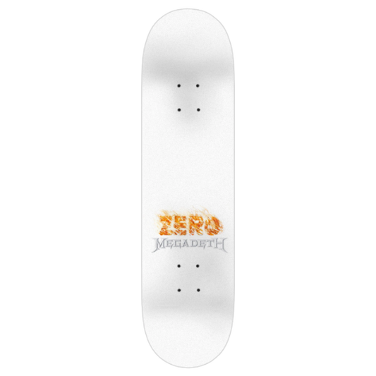 White skateboard deck featuring a 'Zero' graphic in orange flames above the 'Megadeth' band name in gray.