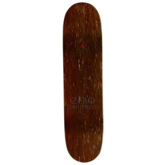 Wooden skateboard deck with 'Zero' branding on a white background