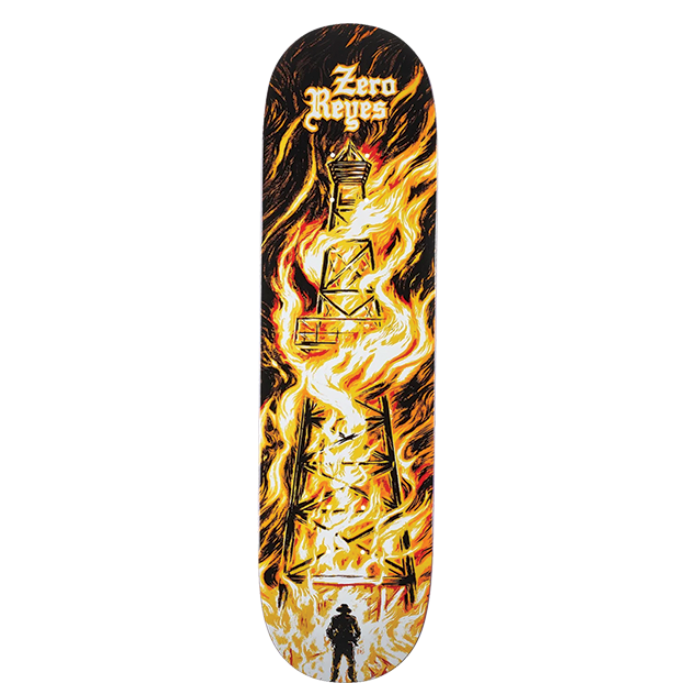 Skateboard deck with fiery design and branding on a white background