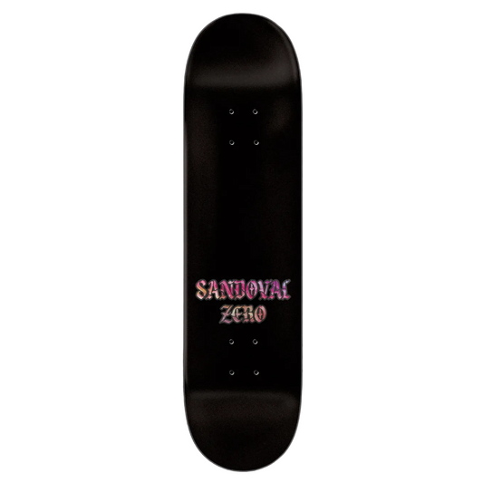 Black skateboard deck with 'Sandoval Zero' text on a black background