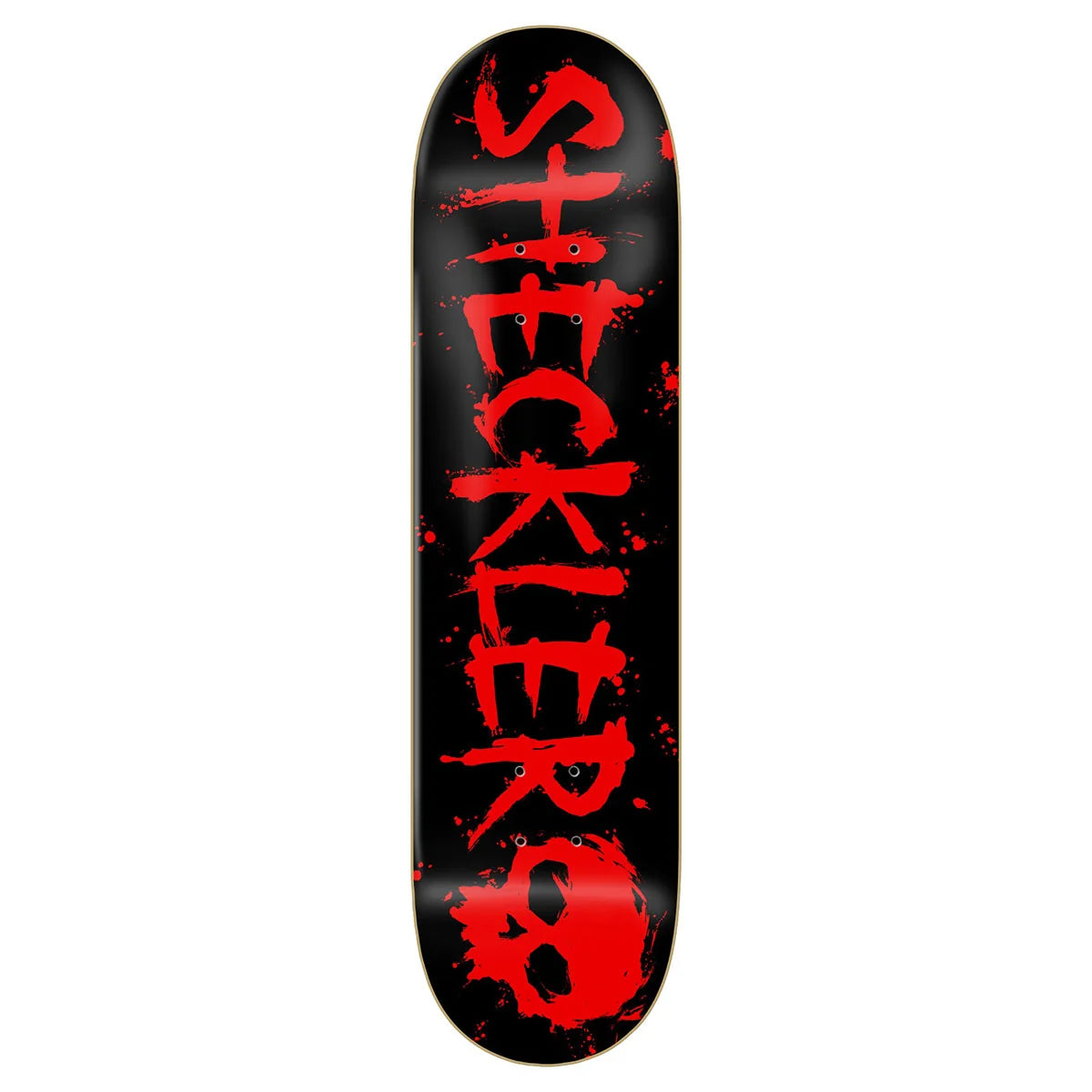 A skateboard deck shown vertically against a plain white background, featuring a black base with bold red distressed text reading 'SHECKLER' and a red skull graphic near the bottom.