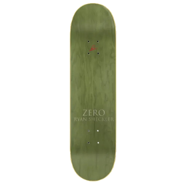 Green skateboard deck with 'Zero' branding on a white background