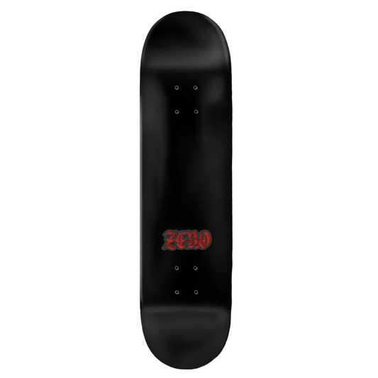 Black skateboard deck with 'Zero' logo on a black background