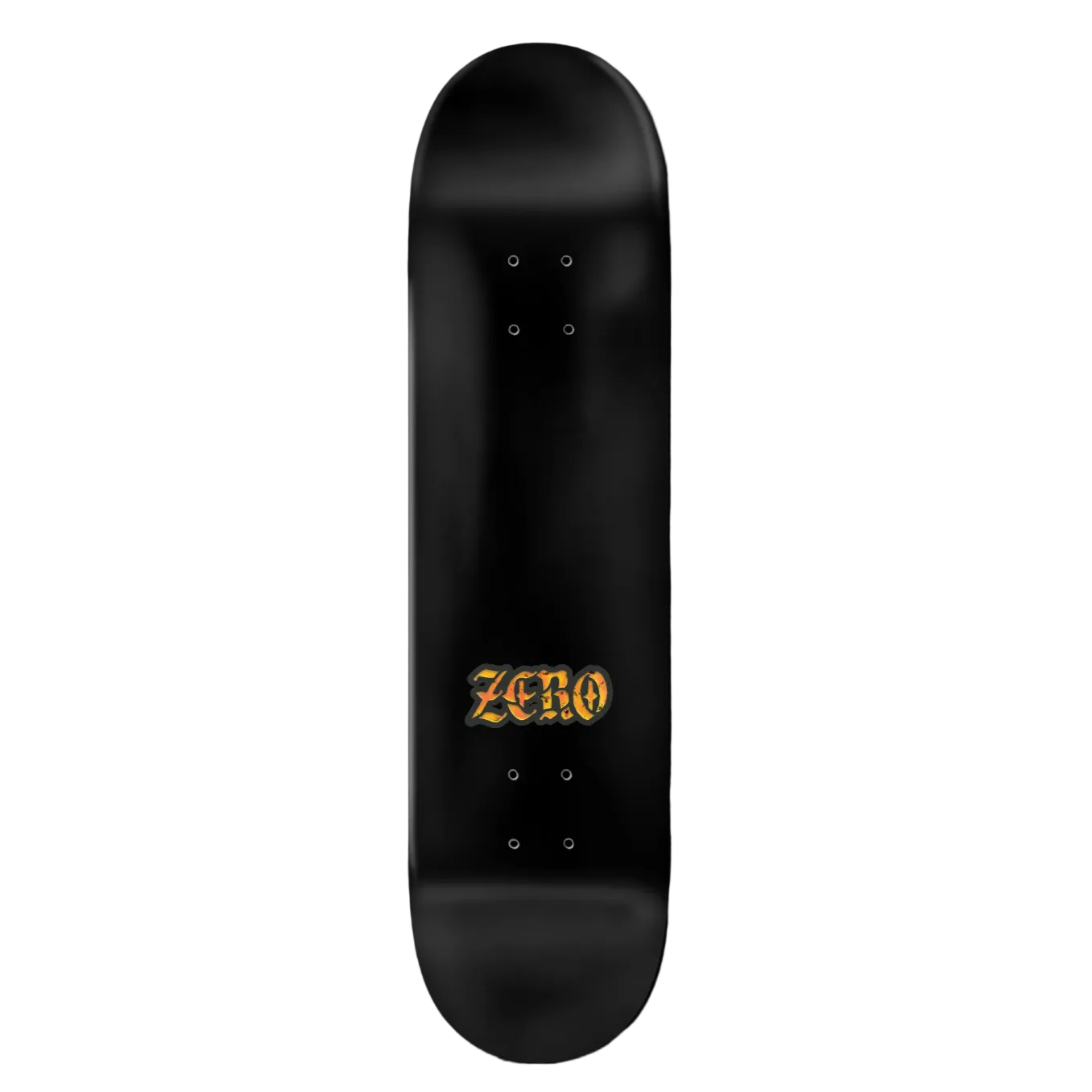 Black skateboard deck with 'ZERO' logo on a black background