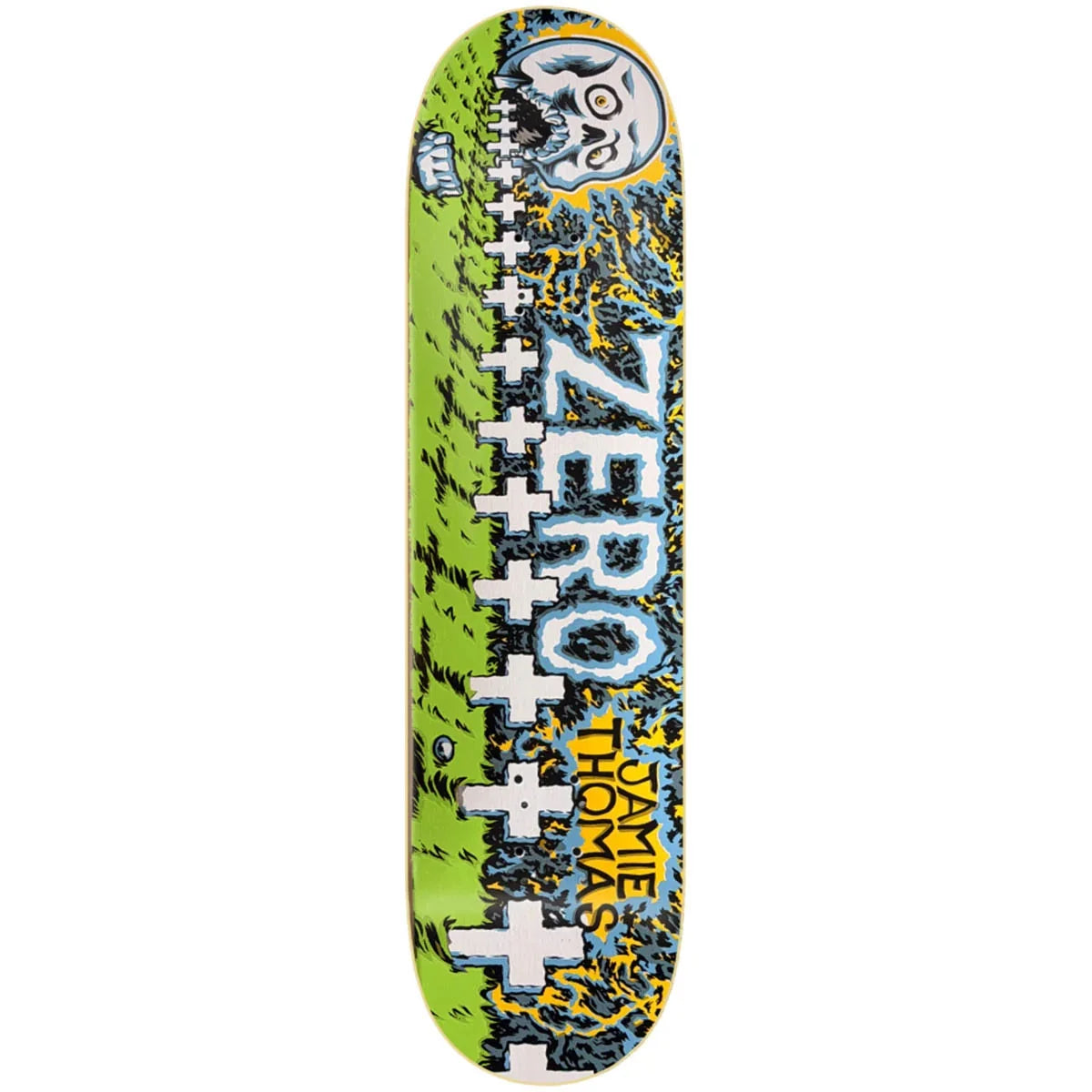 A Zero Skateboards deck featuring a vibrant lime green background with a black and blue comic-style graphic, large white and blue 'ZERO' text,