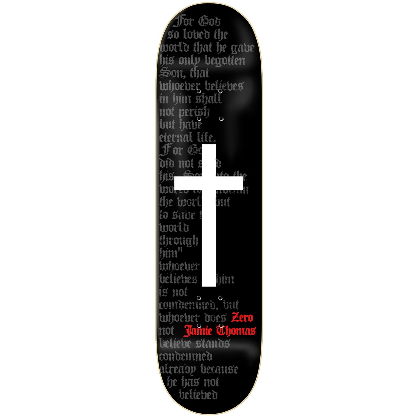 Skateboard deck with cross design and text on a white background