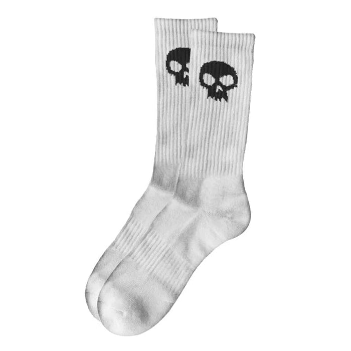 White socks with black skull design on a white background