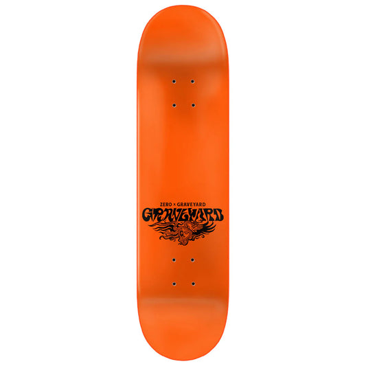 Orange skateboard deck with black graphics and text on a white background