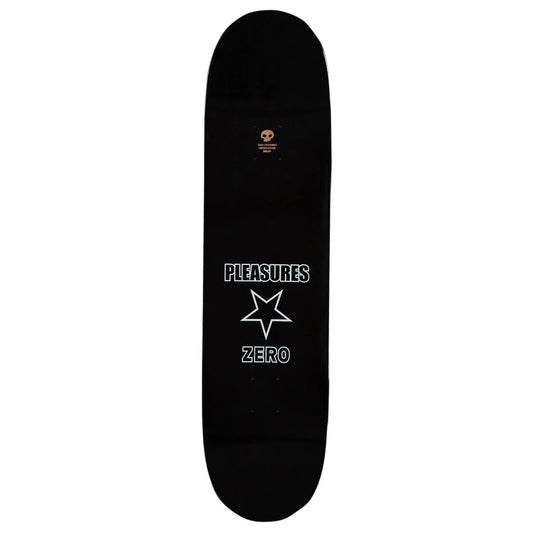 Black skateboard deck with 'Pleasures' and 'Zero' branding on a white background