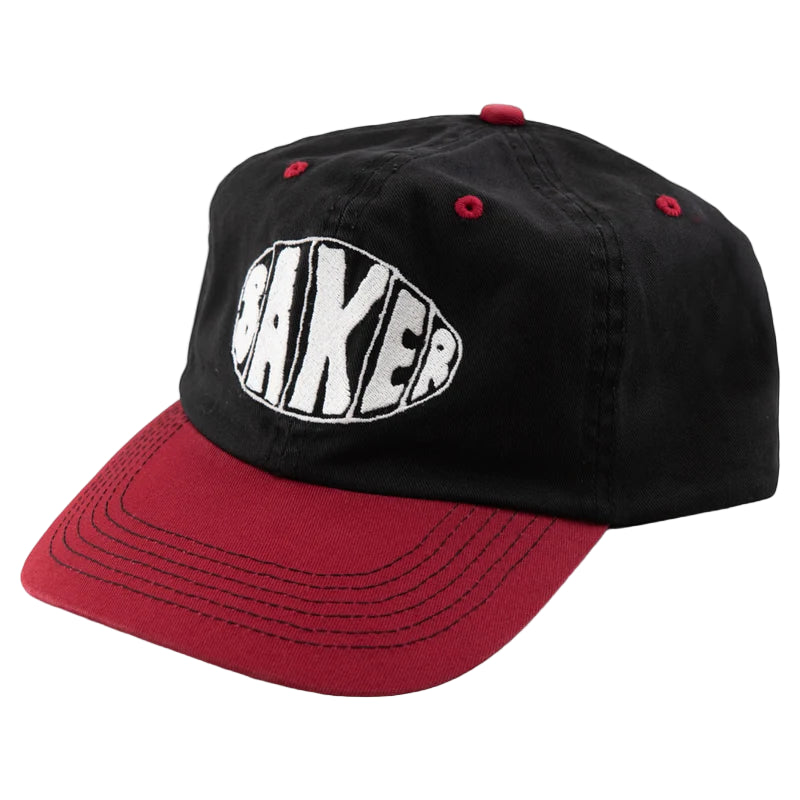 Black and red cap with 'Baker' logo on a light gray background