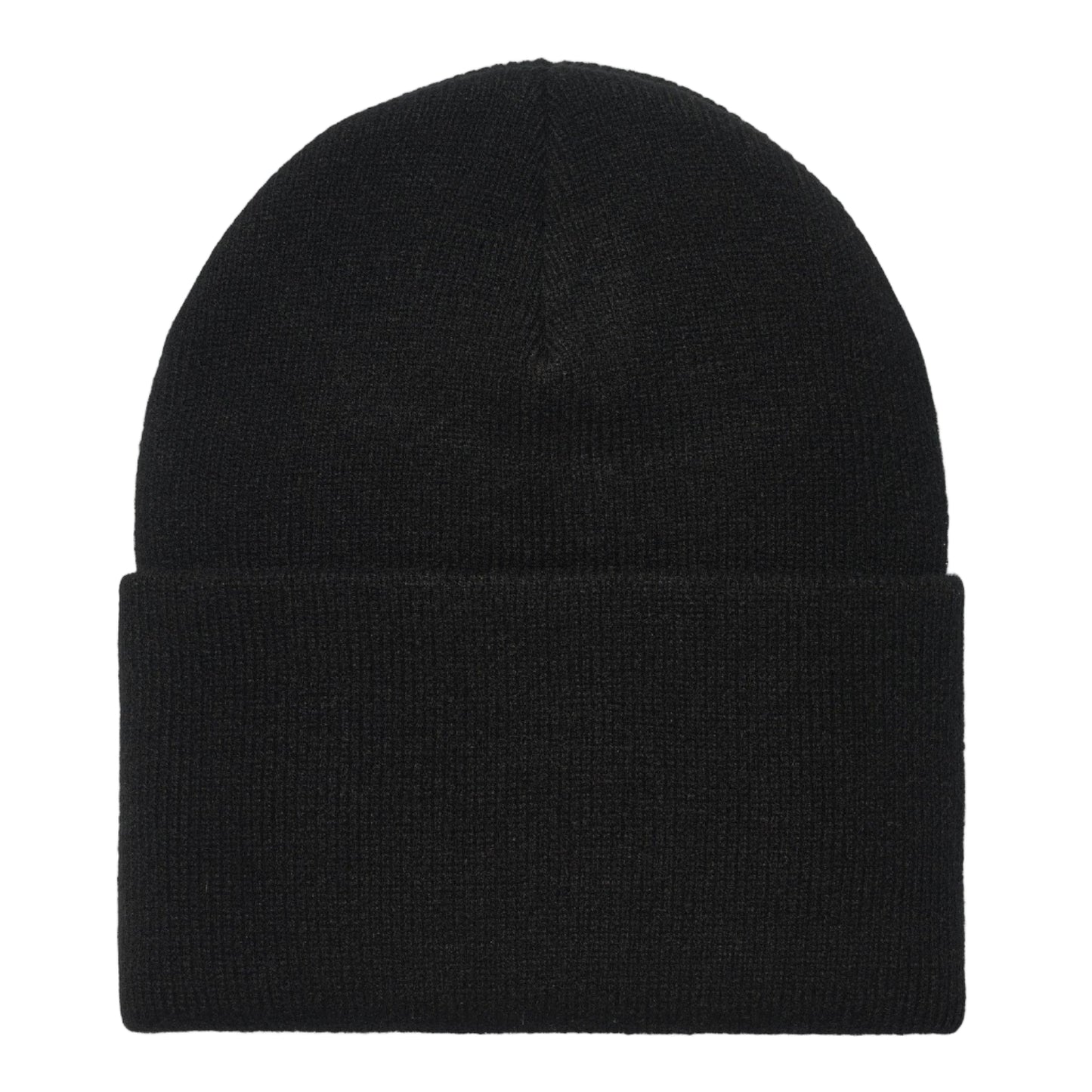 Black beanie hat on a light gray background