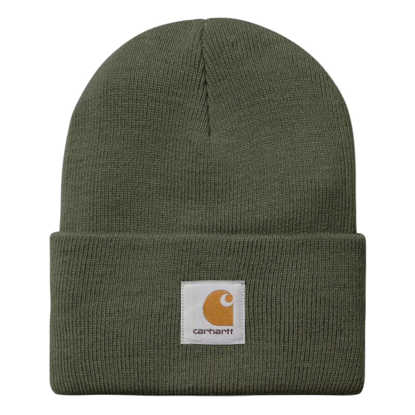 Green beanie with Carhartt logo on a white background
