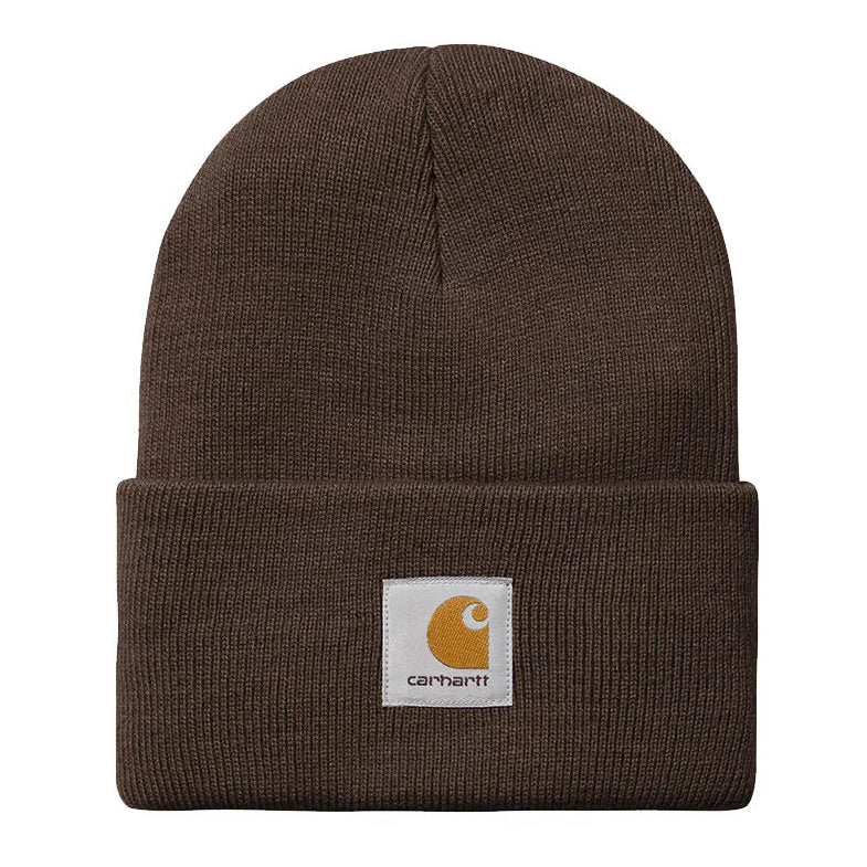 Brown knit beanie with Carhartt logo on a white background