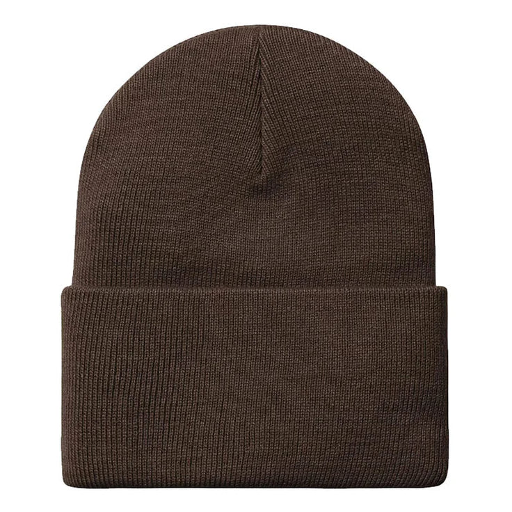 Brown knit beanie on a white background