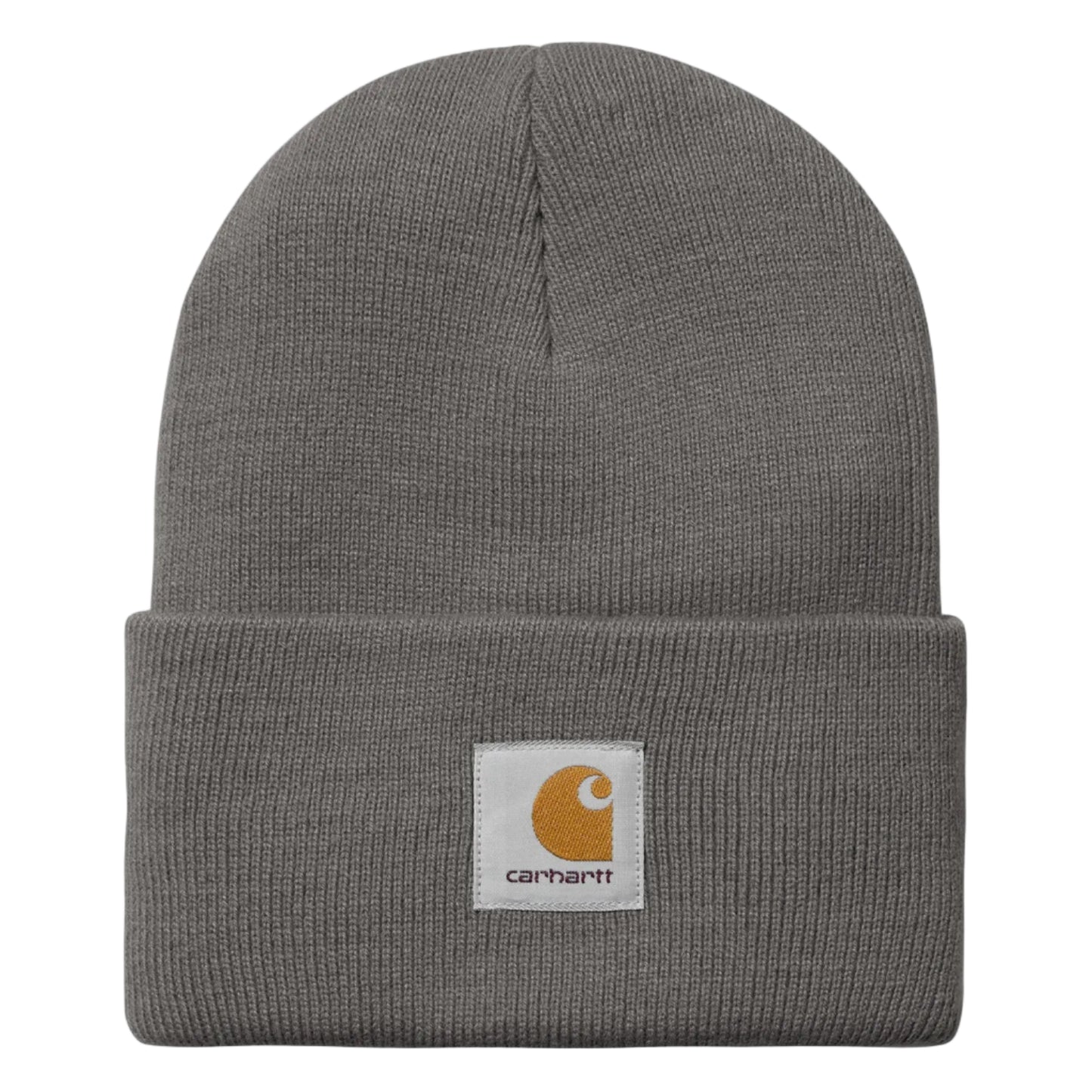 Gray knit beanie with Carhartt logo on a white background