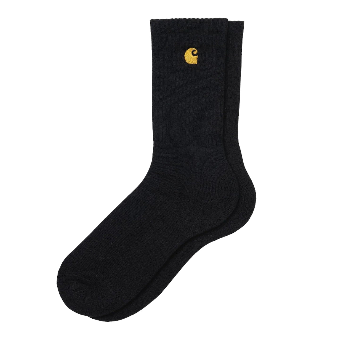 Black sock with a yellow logo on a white background