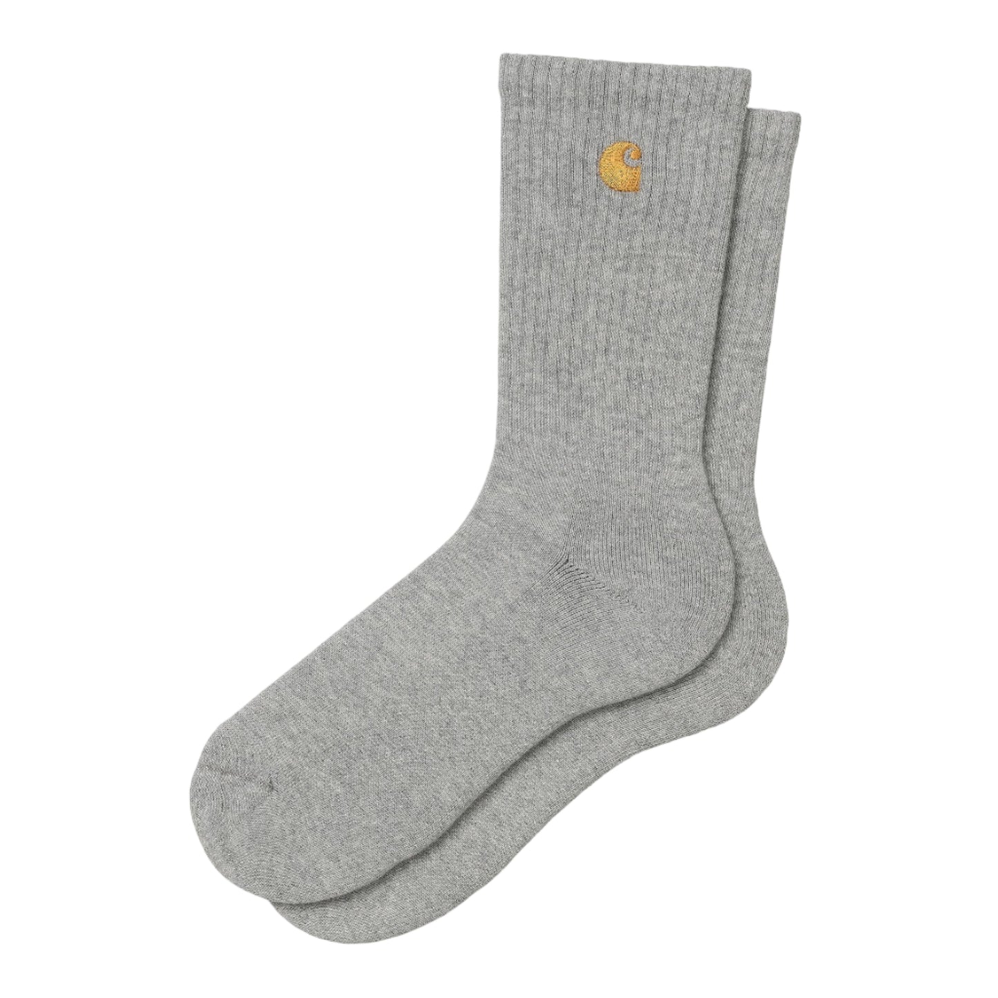 Pair of gray socks with a brand logo on a white background