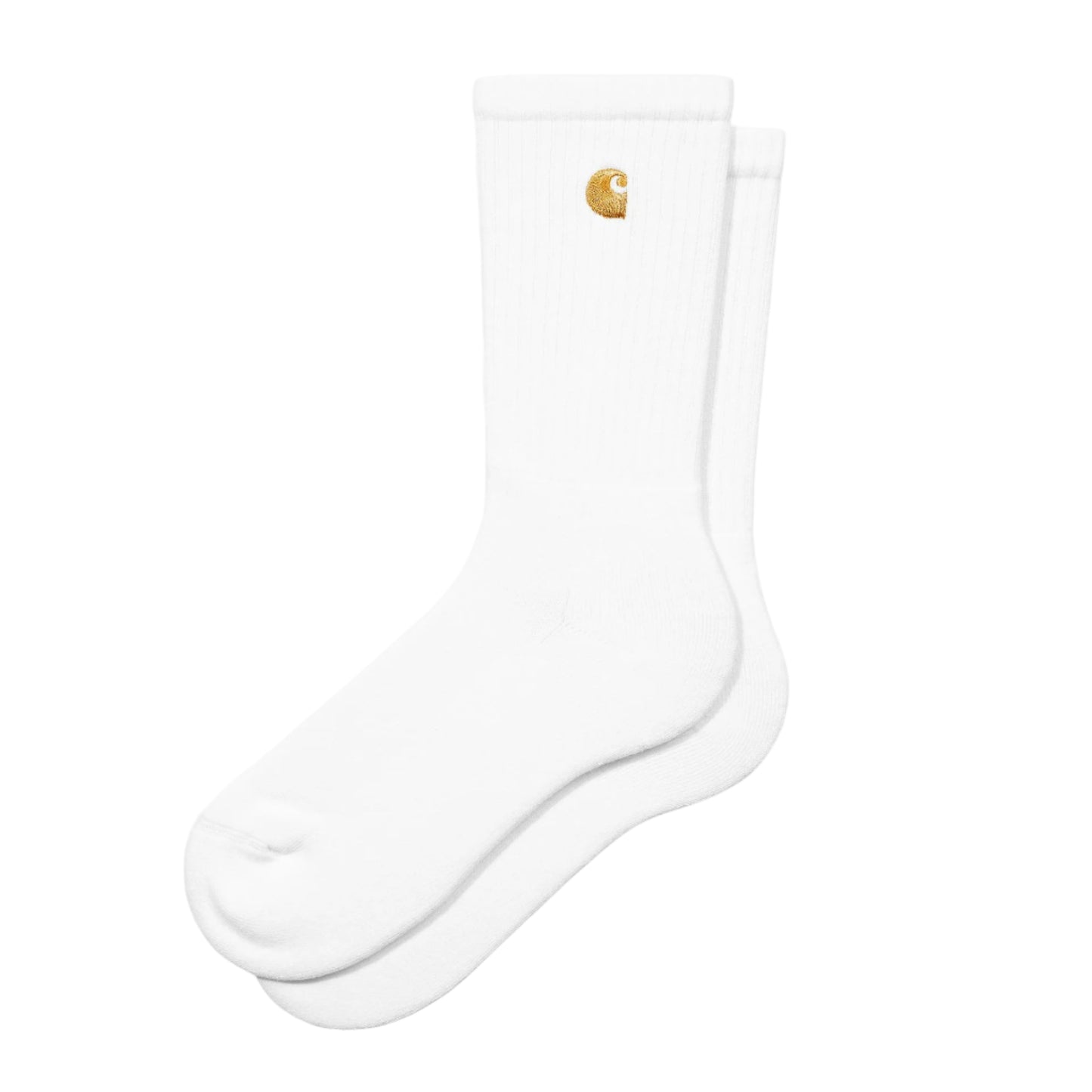 White sock with a gold tag on a white background