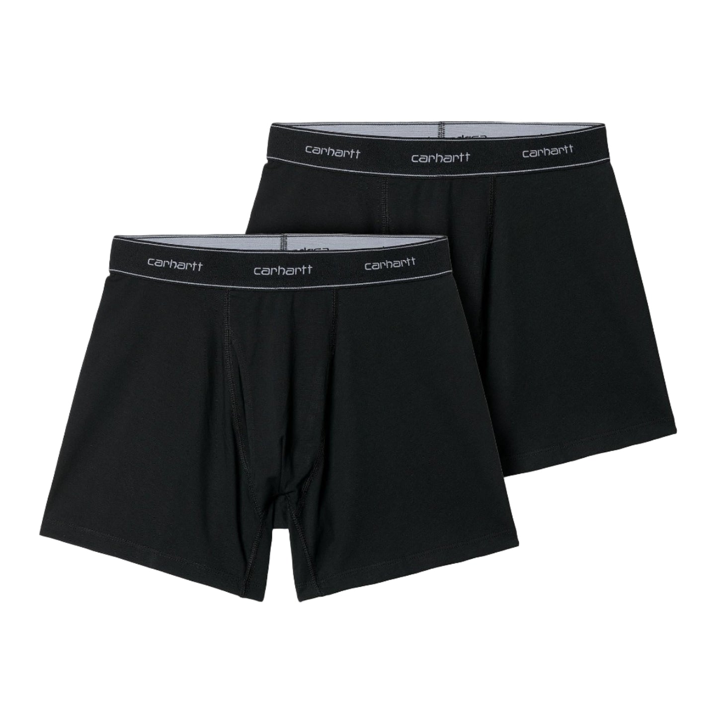 Two pairs of black boxer briefs with Carhartt waistband on a white background