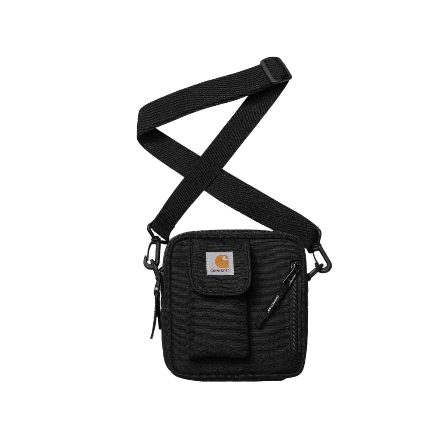 Black crossbody bag with a strap on a white background