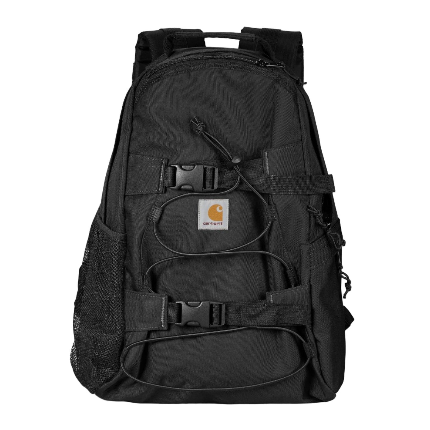 Black backpack with a visible brand logo on a white background
