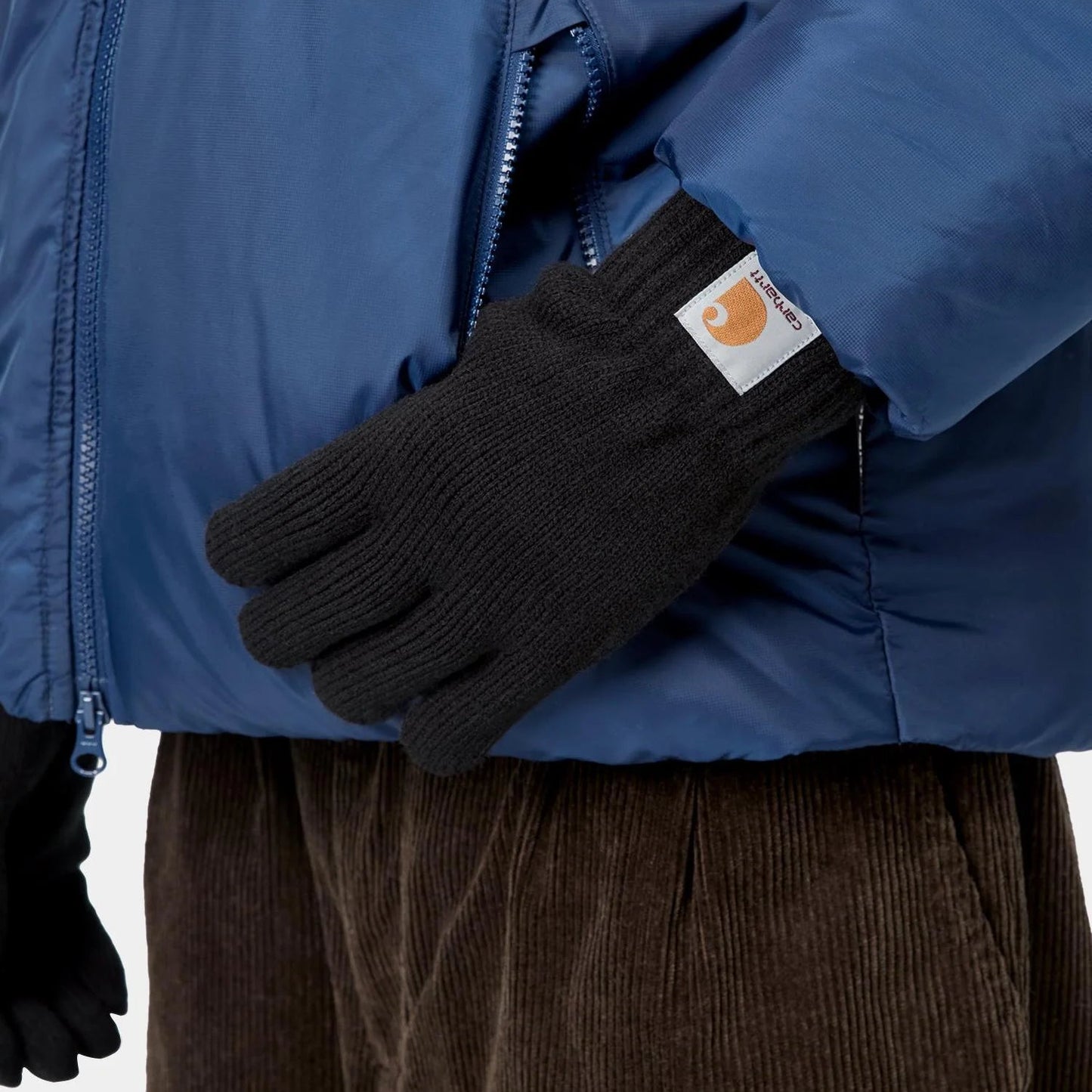 Person wearing a blue jacket and black gloves with a visible brand logo.