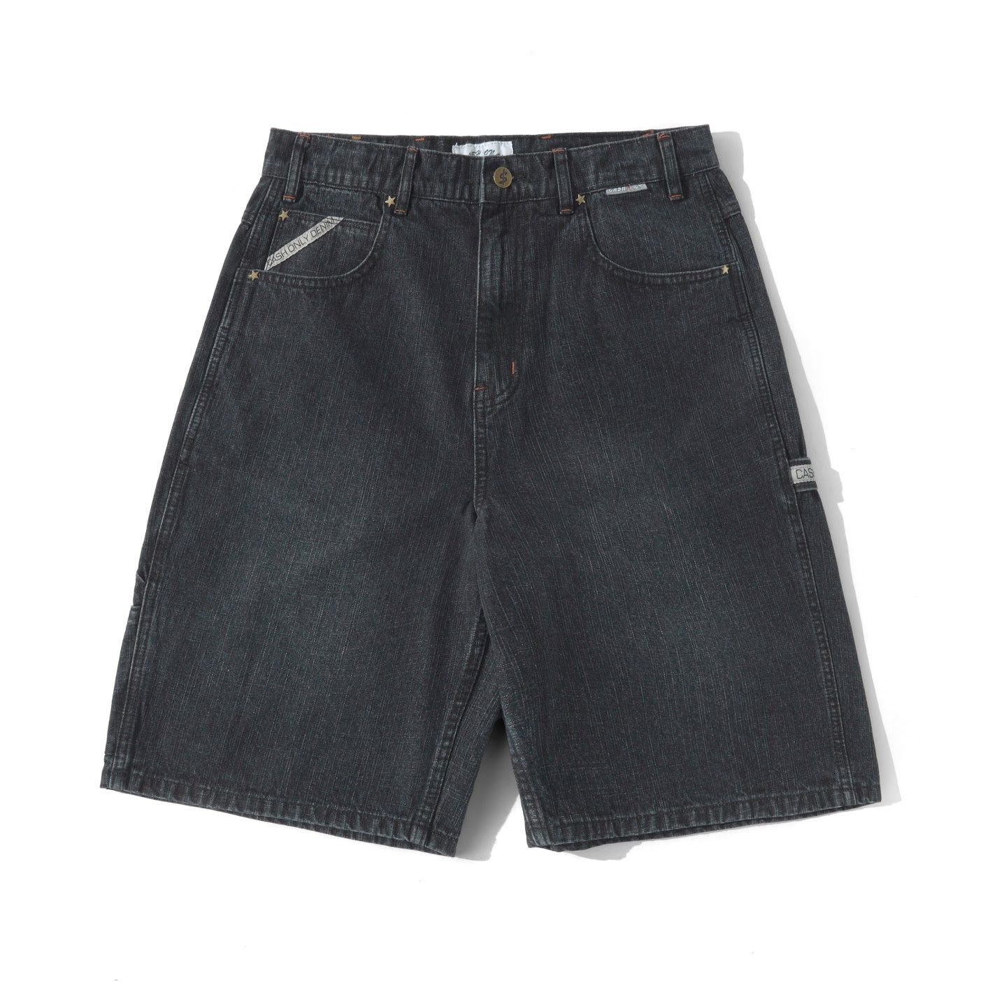 Black denim shorts on a white background
